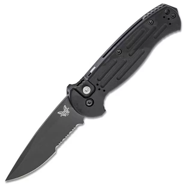 Benchmad AFO II Auto Folding 3.56″ Black Combo Drop Point Blade – Black