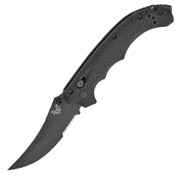 Benchmade Mini Bedlam AXIS Folding 3.45″ S90V Graphite Black Scimitar Style Blade – Black G10