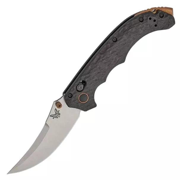 Benchmade Mini Bedlam AXIS Folding 3.45″ S90V Satin Scimitar Style Blade – Marbled Carbon