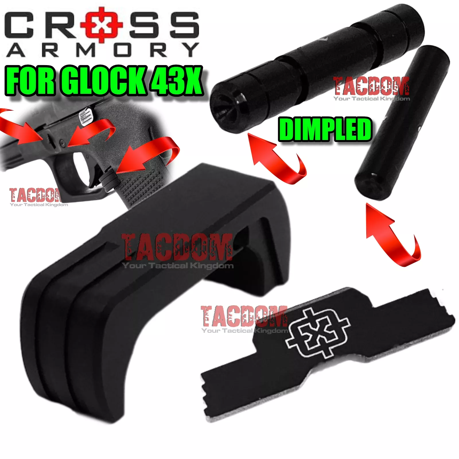 Cross Armory BLACK UPGRADE Performance Kit for GLOCK 43X Extended Slide Lock Magazine Catch and 3 Pins G43X