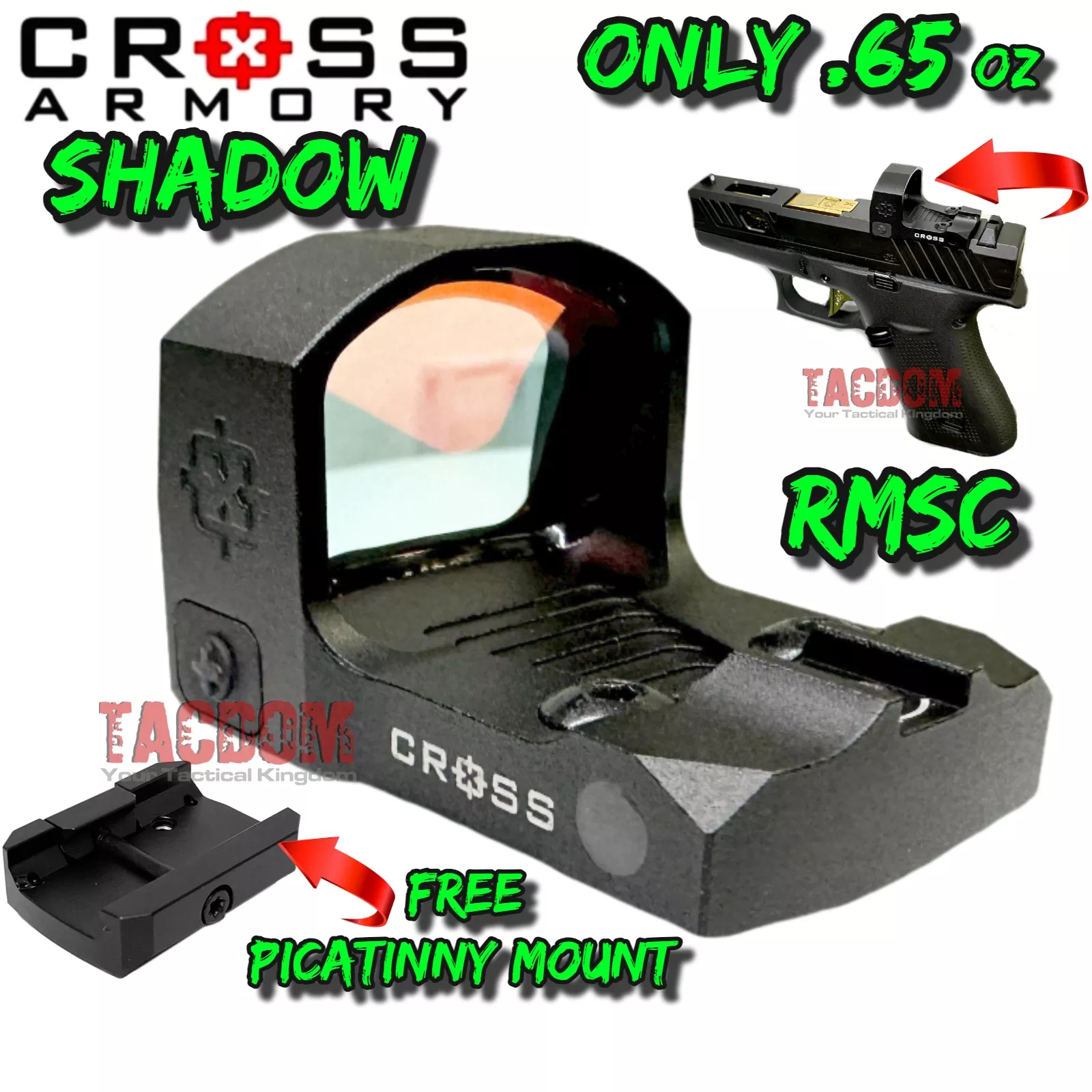 CROSS ARMORY SHADOW RED Optics MICRO REFLEX Sight RMSc Pattern CUT – FREE PICATINNY MOUNT – ONLY .65oz