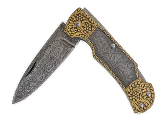 Damascus Gold Engraved Lock Back Pocket Knife