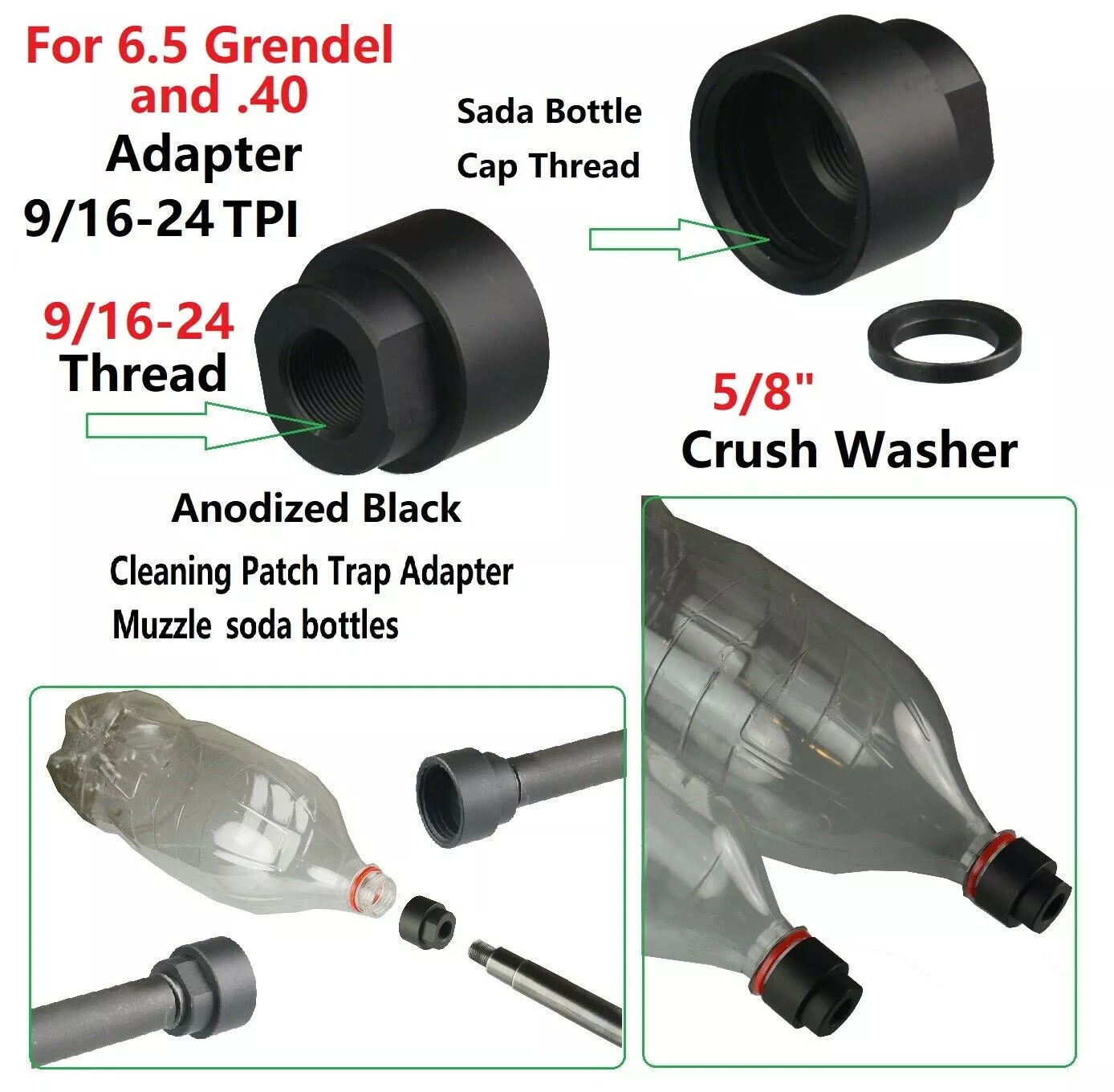 DB TAC 9/16''x24 TPI Thread Cleaning Patch Trap Adapter Muzzle Soda Pop Bottles For 6.5 Grendel & .40 - DB TAC