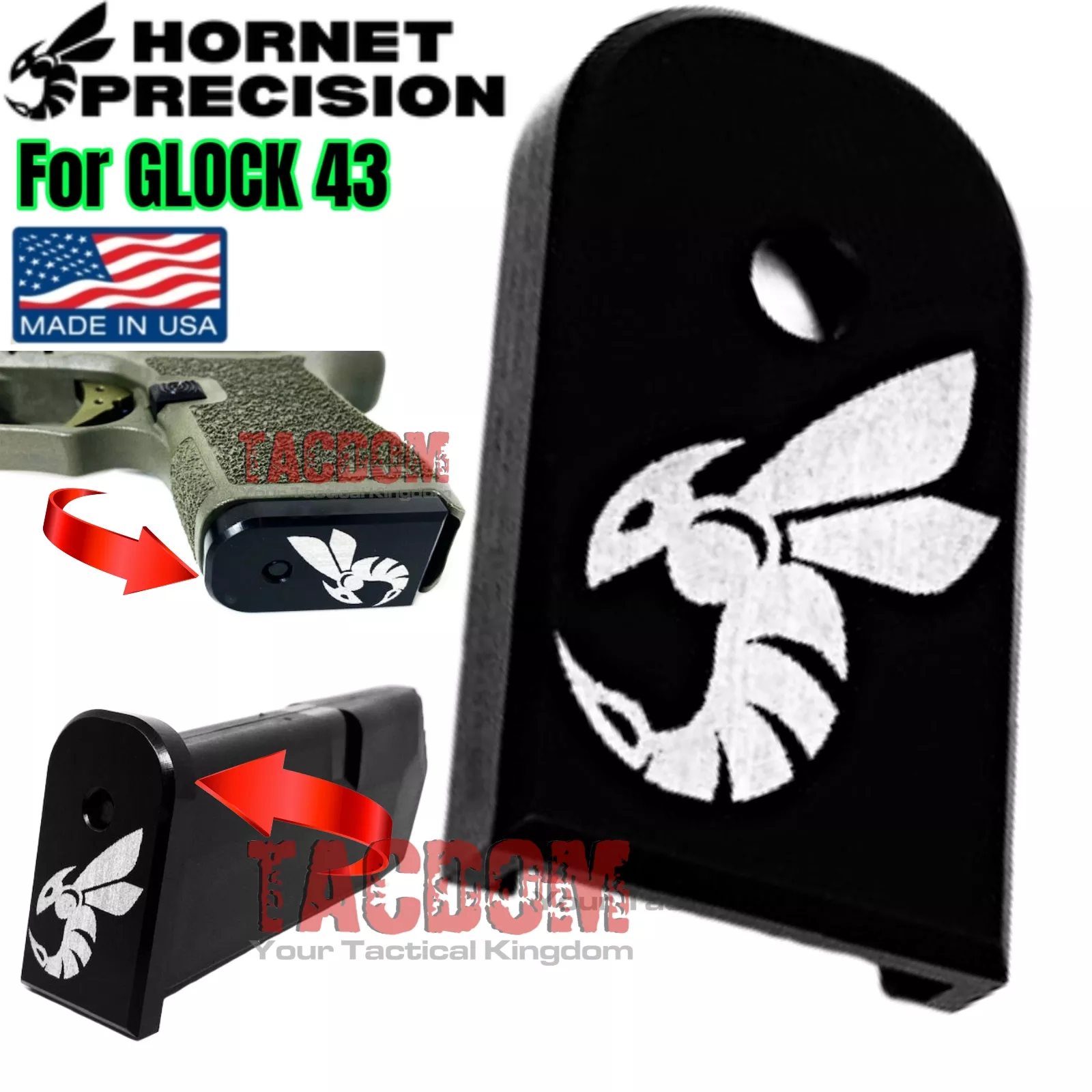 HORNET PRECISION USA BLACK Aluminum Magazine Base Pad plate for GLOCK 43 OEM Magazines – P80 PF9ss SS80