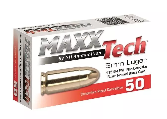 MaxxTech 9mm 115gr Full Metal Jacket Ammo - Box of 50