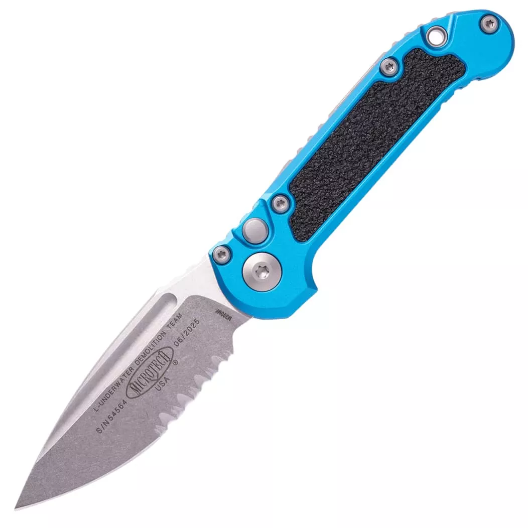 Microtech 1135-11BL LUDT Gen III Auto Folding Knife M390MK Stonewashed Drop Point Combo Blade – Blue w/ Traction Inserts