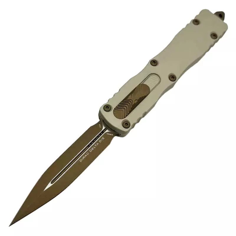 Microtech Dirac Delta Auto OTF 3.79″ Burnt Bronze Double Edge Dagger – Champagne