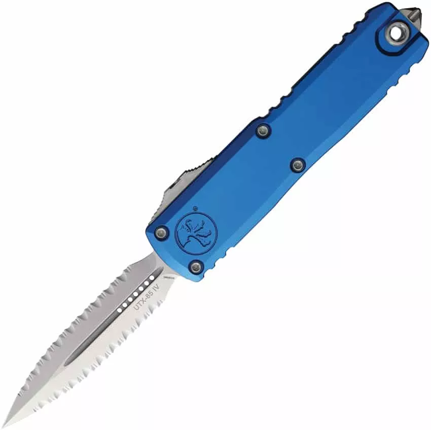 Microtech UTX-85 Gen IV Auto OTF 3″ M390MK Stonewashed Double Serrated D/E Dagger – Blue
