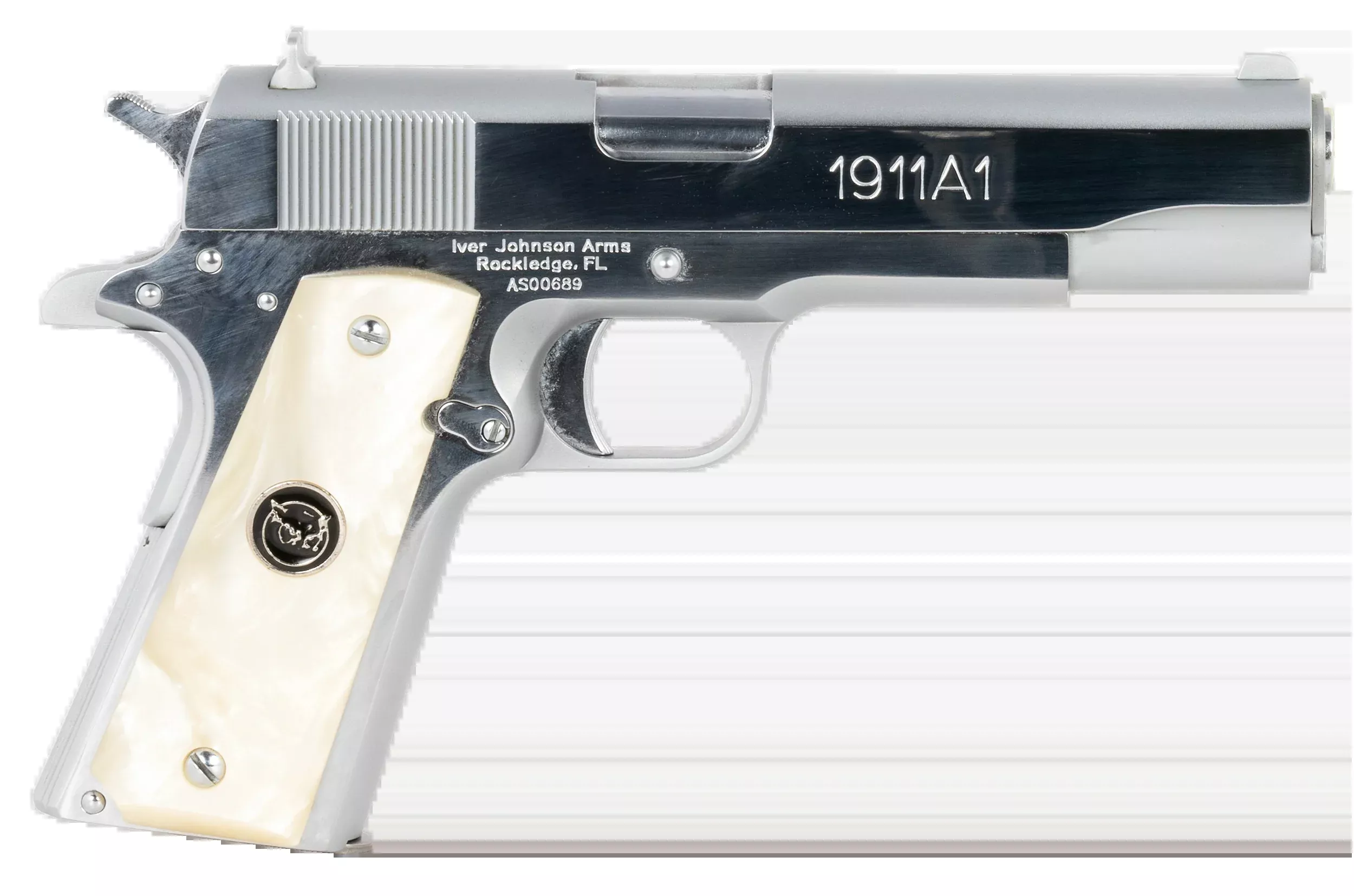 OAKS WHOLESALE DIST/IVER Iver Johnson 1911A1 Bright Polish Chrome Stainless Steel .38 Super 5" Semi-Automatic Pistol
