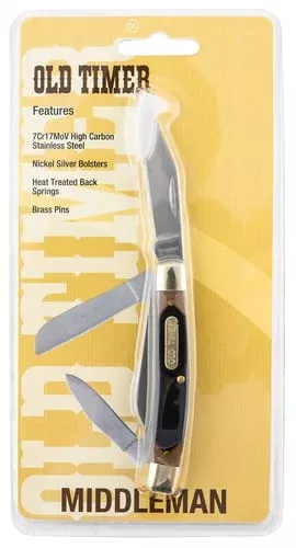 Old Timer 34OTCP Middleman 2.40″ Folding Clip/Sheepsfoot/Pen Plain 7Cr15MoV SS Blade Sawcut Bone Handle
