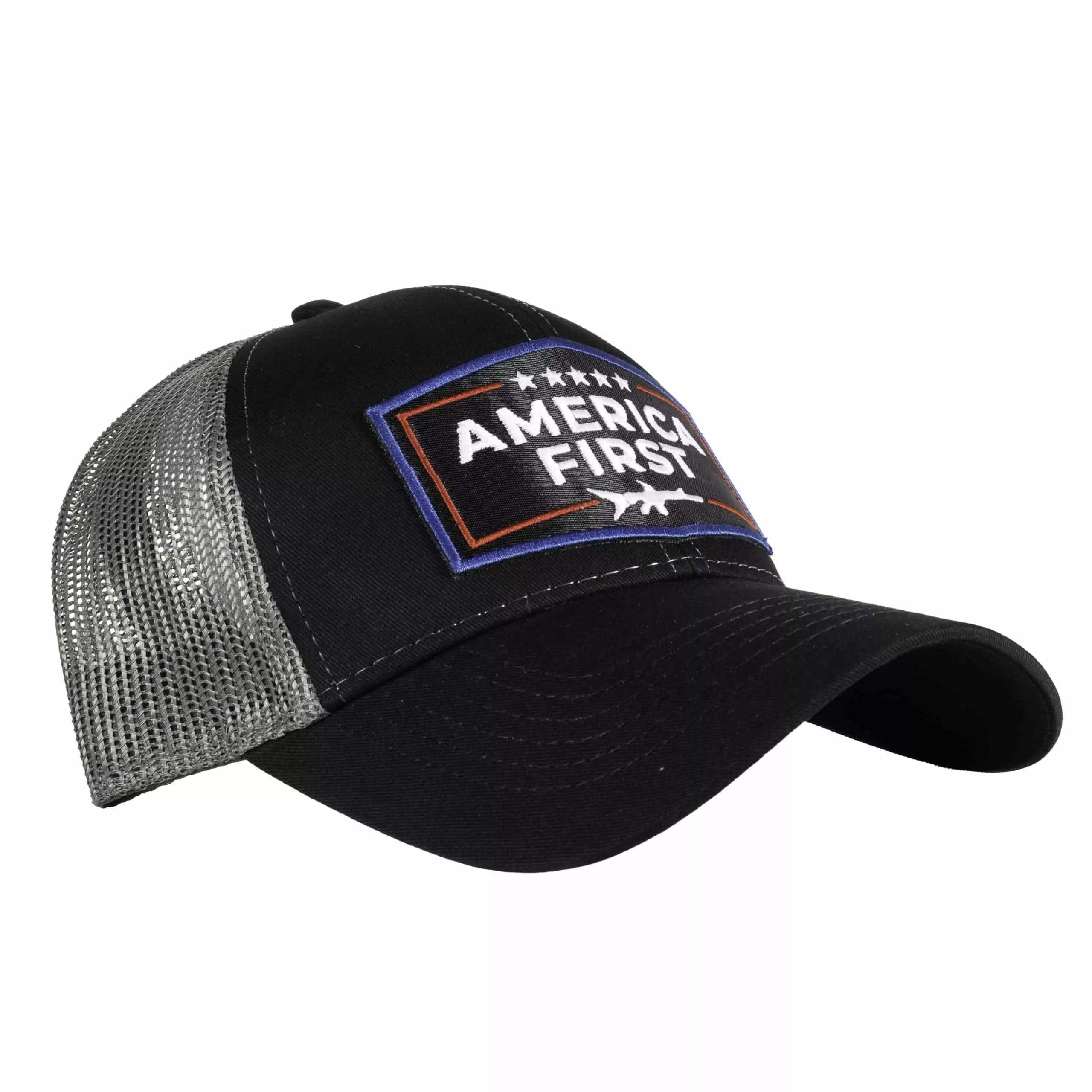 Shark Coast Tactical “America First” Trucker Hat – Black/Grey