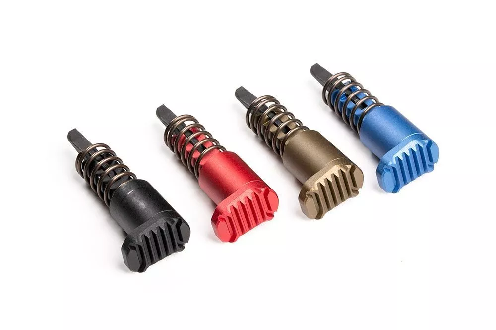 Strike Industries AR Extended Forward Assist Angled Black Red FDE Blue