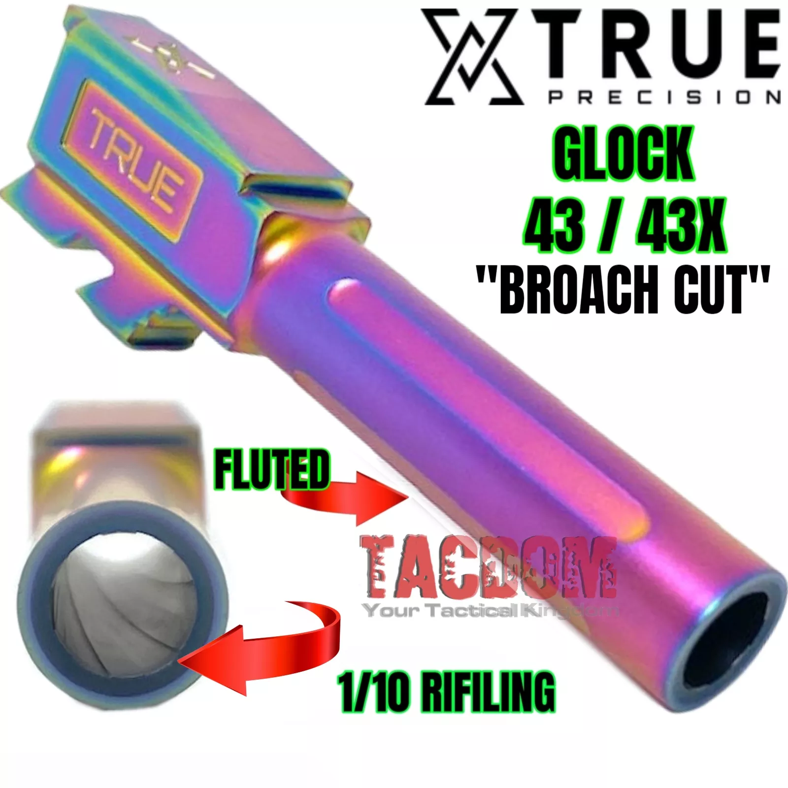 TRUE PRECISION SPECTRUM RAINBOW FLUTED BROATCH CUT Barrel for GLOCK 43 43X Polymer 80 PF9SS SS80 TARGET CROWN