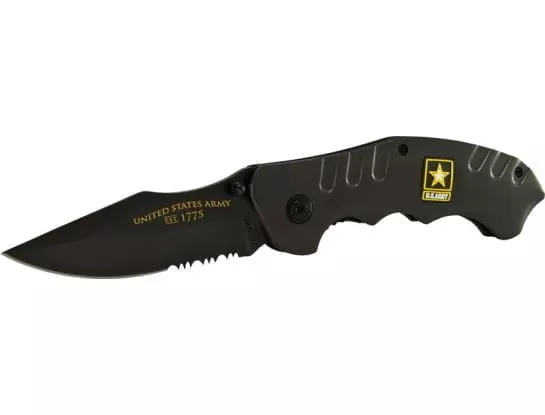 U.S. Army Folding Knife 3.1" Combo Blade, Black Steel Handle